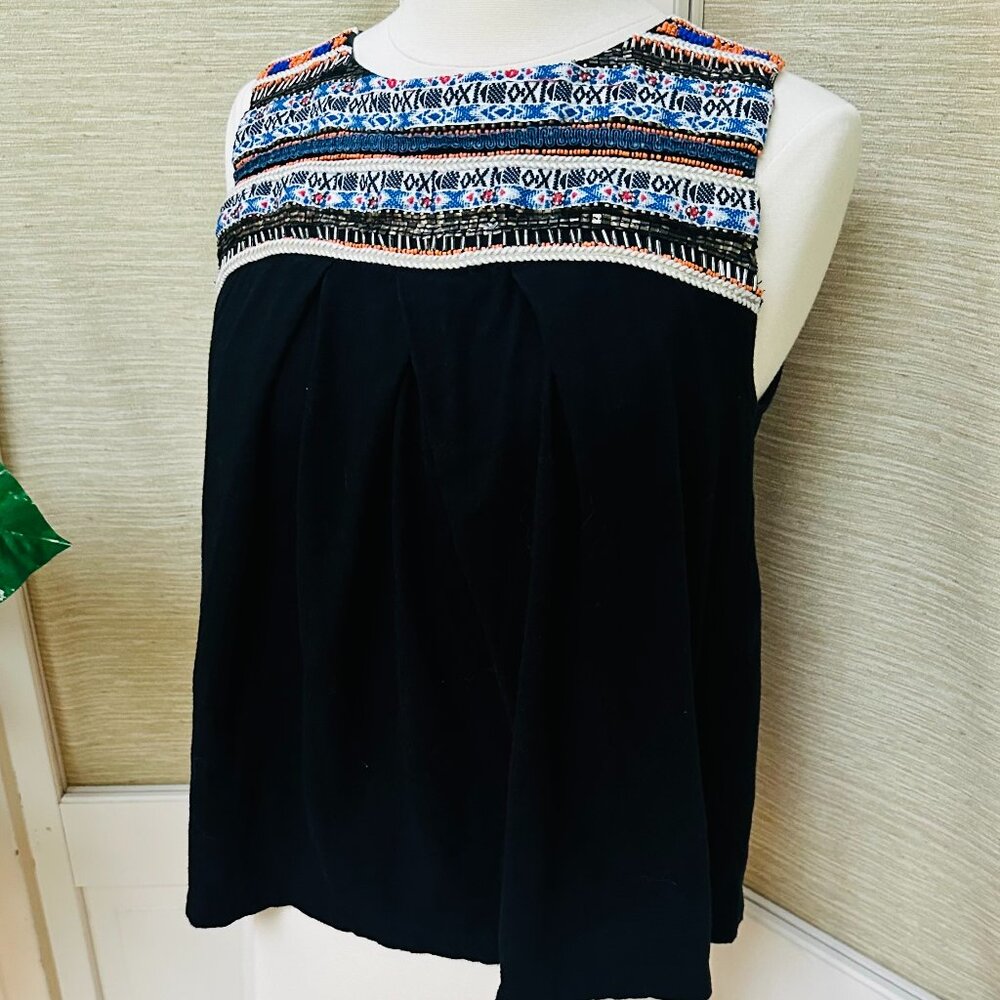Anthropologie Black Boho Beaded Top Akemi + Kin Sleeveless Tank Top Embroidery